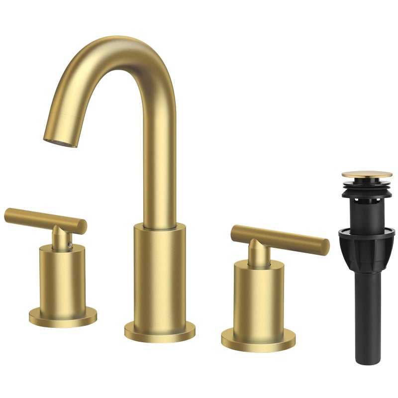 TRUSTMI Bathroom Faucet 3 Hole Brushed Gold - 8 Inch Widespread Brass Bathroom Vanity Sink Faucets in Gold with Swivel Spout, Include Overflow Drain and cUPC Supply Lines - Image 1
